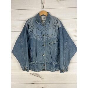 Vintage Together! Jacket Womens Medium Blue Denim Lace Embroidered Cutout 90s